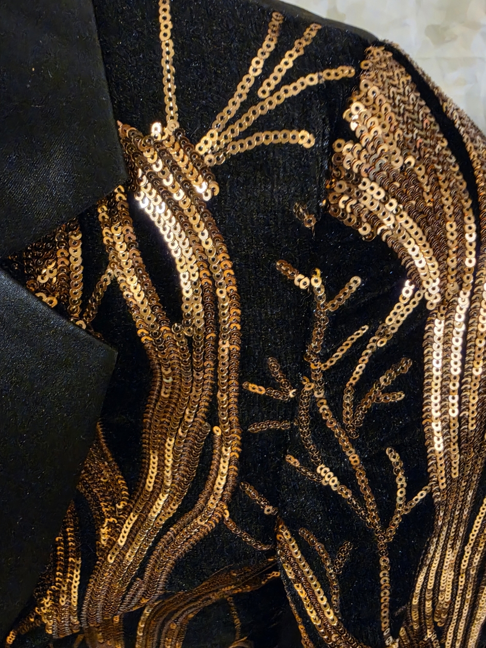 Kids Black Tuxedo Jacket with Gold Sequin Accent - Picture 2 of 7